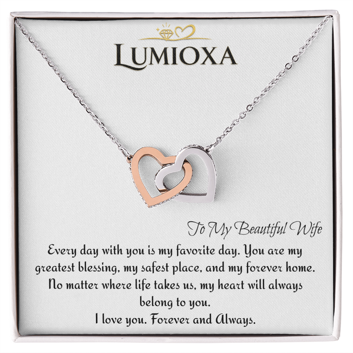 To My Beautiful Wife –- Interlocking Hearts Necklace with Luxury Gift Box | Romantic Anniversary Gift for Wife | Birthday, Valentine's & Christmas Gift